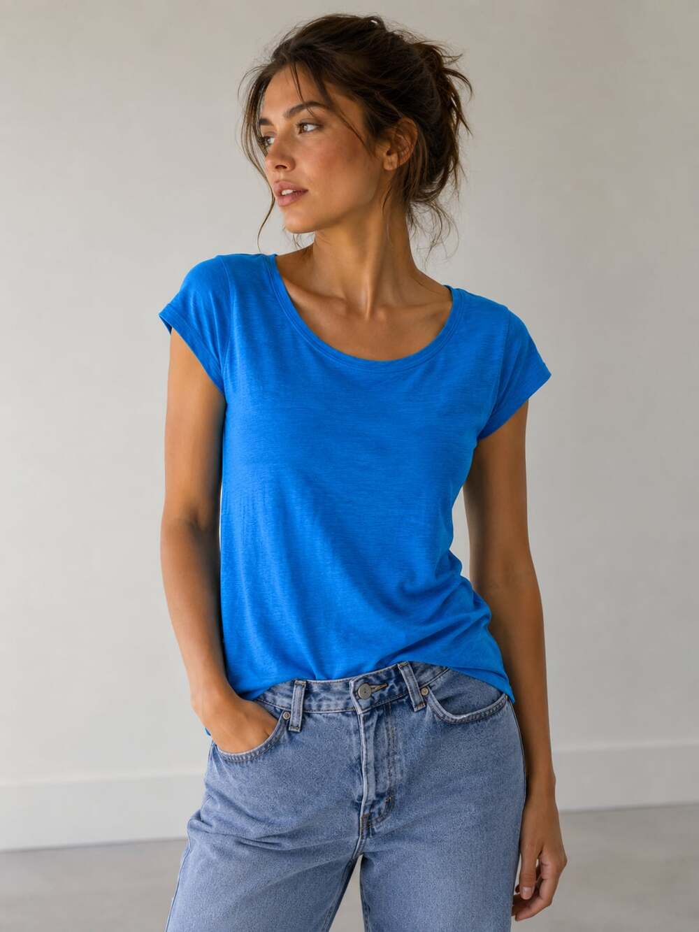 Eileen Fisher Organic Linen Blue Tee XXS Minimalist Capsule Top